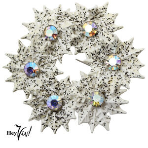 Vintage White Plastic Snowflake Wreath w Glitter Rhinestones 2" across -Hey Viv